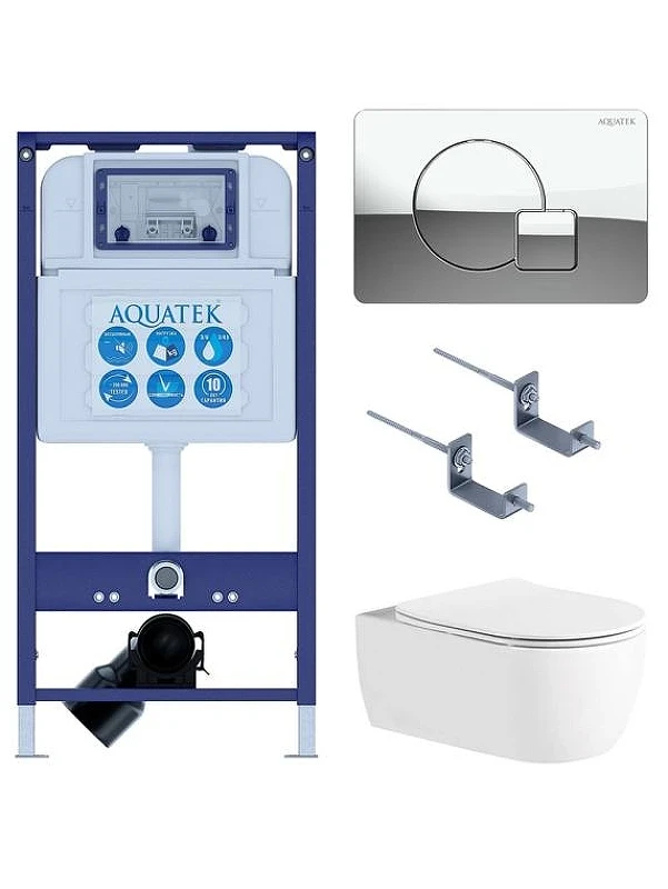 Комплект унитаза с инсталляцией Aquatek Set Aquatek Европа New-067 4в1 цвет Белый с сиденьем Микролифт и клавишей смыва цвет Хром глянцевый