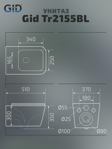 Унитаз Gid Cuadrado Tr2155BL 62238Y подвесной цвет Черный глянцевый с сиденьем Микролифт
