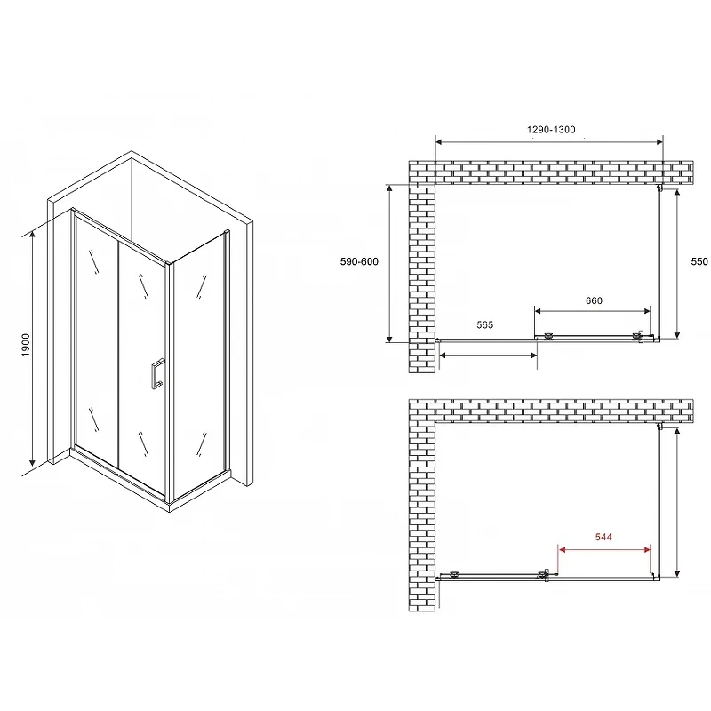 Душевой уголок Abber Schwarzer Diamant 130x60 AG301305-S605 профиль Хром стекло прозрачное