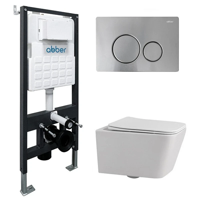 Комплект унитаза Abber Rechteck AC1201-AC0105-AC0121MCH с сиденьем Микролифт и клавишей смыва цвет Матовый хром
