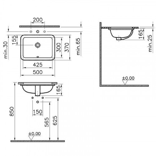 Раковина Vitra S20 50 5474B003-0618 Белая фарфор встраиваемый