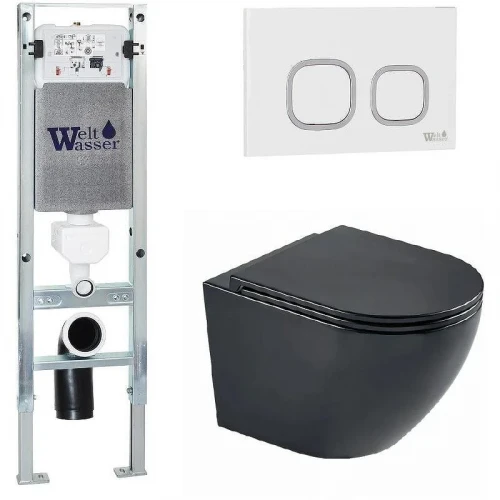Комплект унитаза с инсталляцией WeltWasser AMBERG 350 ST + MERZBACH 043 MT-BL + AMBERG RD-WT 10000011325 цвет Черный матовый с сиденьем Микролифт и клавишей смыва цвет Белый