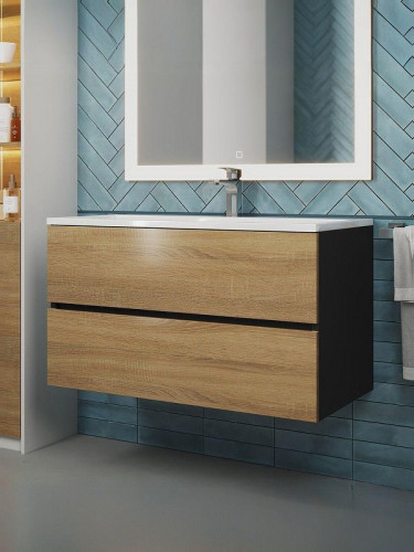 Тумба под раковину Uperwood Barsa 90 2937205253 подвесная цвет Черный матовый Дуб сонома