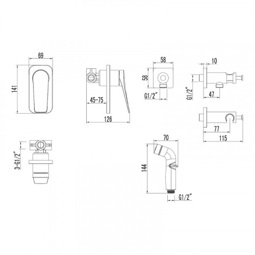 Гигиенический душ со смесителем Lemark Bronx LM3719GM Графит латунь встраиваемый