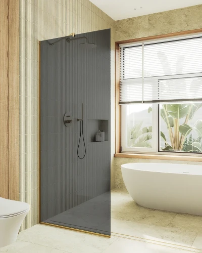 Душевая перегородка Maybah Glass MGD-693-3у 890x1950 в узком профиле Золото стекло графитовое