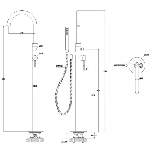 Смеситель для ванны Whitecross Y black Y1233BL Черный матовый латунь на пол