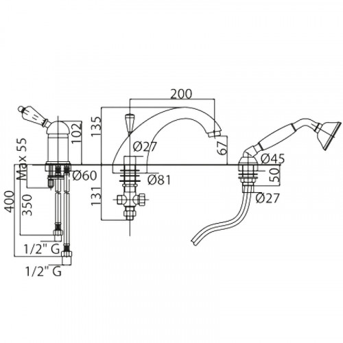 Смеситель на борт ванны Cezares Vintage VINTAGE-BVDM-01-Sw Хром латунь