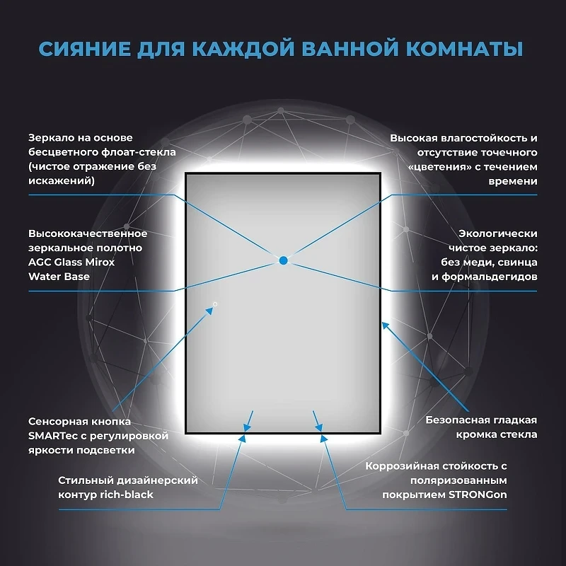 Зеркало Wellsee 7 Rays' Spectrum 70 172201000-172201010 с подсветкой цвет Черный матовый с сенсорным выключателем