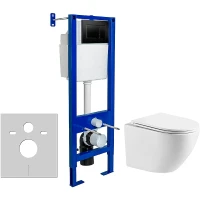 Комплект унитаза WellWant Aura WWU01121WK с инсталляцией Berges Atom 410 040332 с сиденьем Микролифт и Черной матовой клавишей смыва