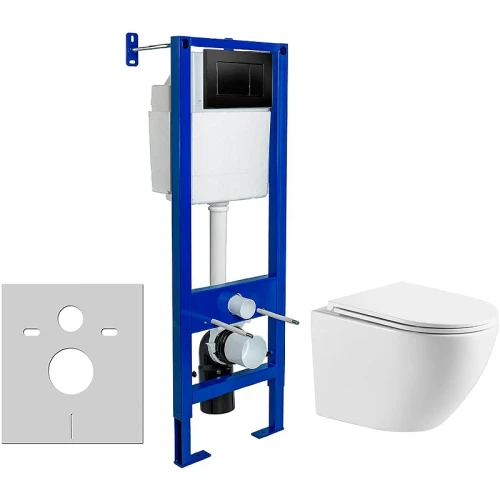 Комплект унитаза WellWant Aura WWU01121WK с инсталляцией Berges Atom 410 040332 с сиденьем Микролифт и Черной матовой клавишей смыва