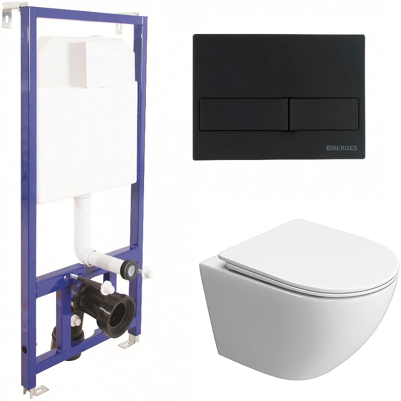 Комплект унитаза BelBagno Uno-Tor BB5177CH-TOR/SC с инсталляцией Berges Novum L5 040215 с сиденьем Микролифт и Черной матовой клавишей смыва фаянс подвесной