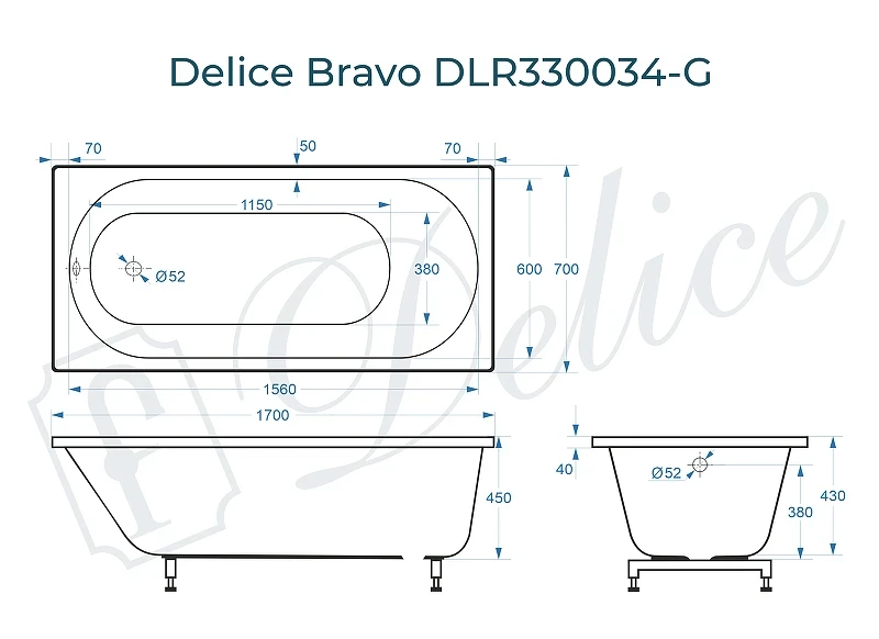 Ванна из искусственного камня Delice Bravo 170х70 DLR330034-G цвет Белый