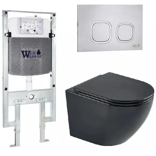 Комплект унитаза с инсталляцией WeltWasser AMBERG 497 ST + MERZBACH 043 MT-BL + AMBERG RD-MT CR 10000011337 цвет Черный матовый с сиденьем Микролифт и клавишей смыва цвет Хром матовый