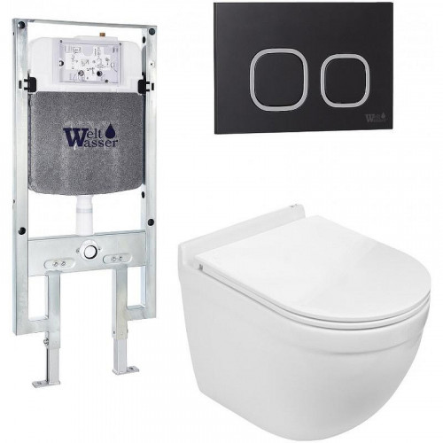Комплект унитаза с инсталляцией WeltWasser AMBERG 497 ST + HEIMBACH 043 GL-WT + AMBERG RD-BL 10000012141 цвет Белый глянцевый с сиденьем Микролифт и клавишей смыва цвет Черный