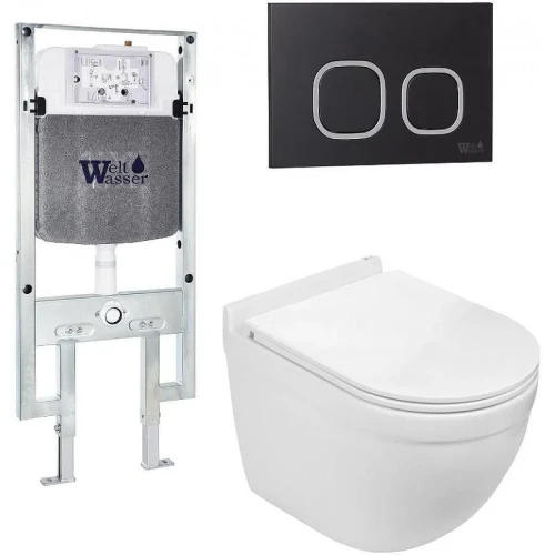 Комплект унитаза с инсталляцией WeltWasser AMBERG 497 ST + HEIMBACH 043 GL-WT + AMBERG RD-BL 10000012141 цвет Белый глянцевый с сиденьем Микролифт и клавишей смыва цвет Черный