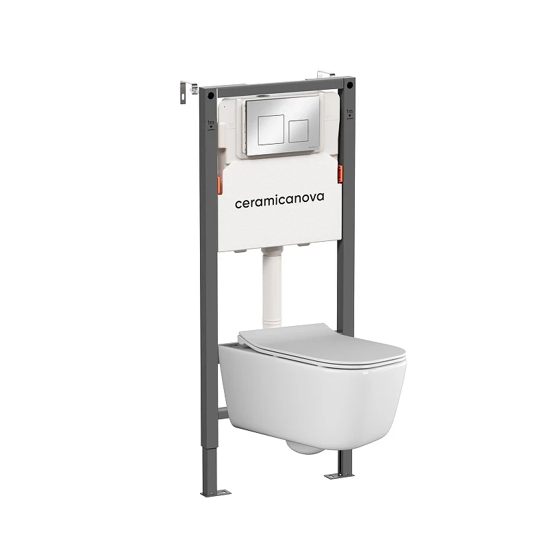 Комплект унитаза с инсталляцией Ceramicanova New Day CN3005_121002CH цвет Белый с сиденьем Микролифт и клавишей смыва цвет Хром глянцевый