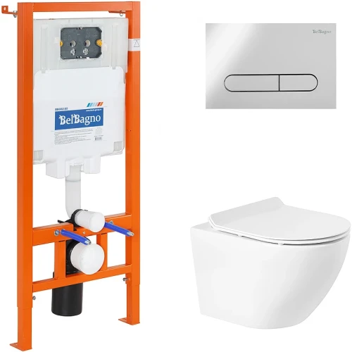 Комплект унитаза с инсталляцией BelBagno Sfera-R BB046CHR/BB2111SC/BB002-80/BB005-PR-CHROME с сиденьем Микролифт и клавишей смыва Хром глянцевый фаянс подвесной