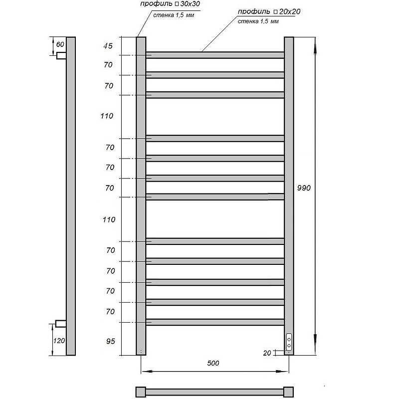 Электрический полотенцесушитель Point Вега PN71850 П12 500x1000 диммер справа Хром