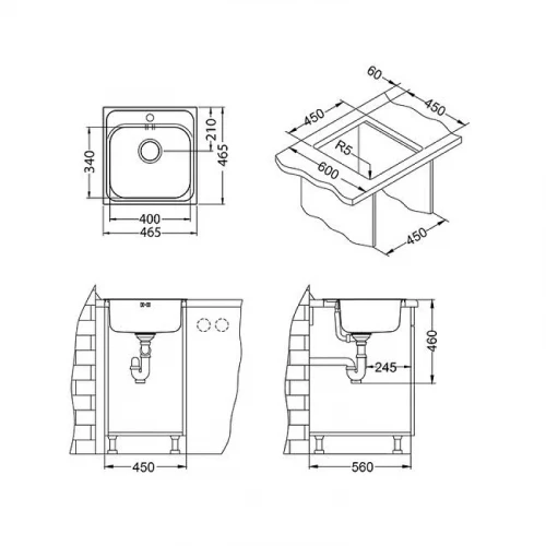 Кухонная мойка Alveus Basic 140 NAT-90 465x465 1100905 Натуральная сталь нержавеющая сталь встраиваемый