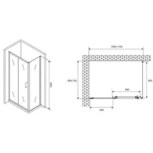 Душевой уголок Abber Schwarzer Diamant 110x70 AG301105-S705 профиль Хром стекло прозрачное