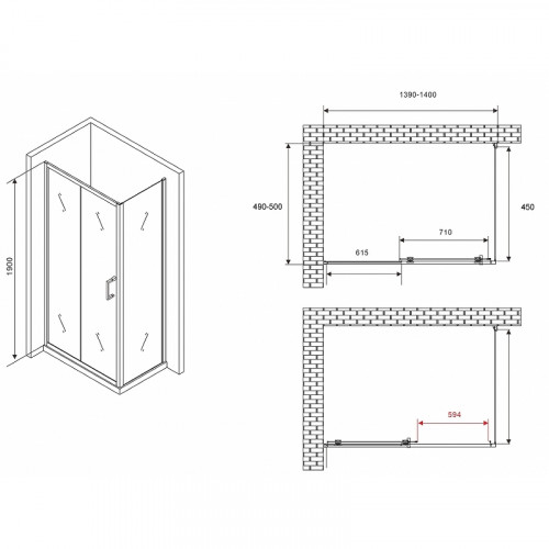 Душевой уголок Abber Schwarzer Diamant 140x50 AG301405-S505 профиль Хром стекло прозрачное