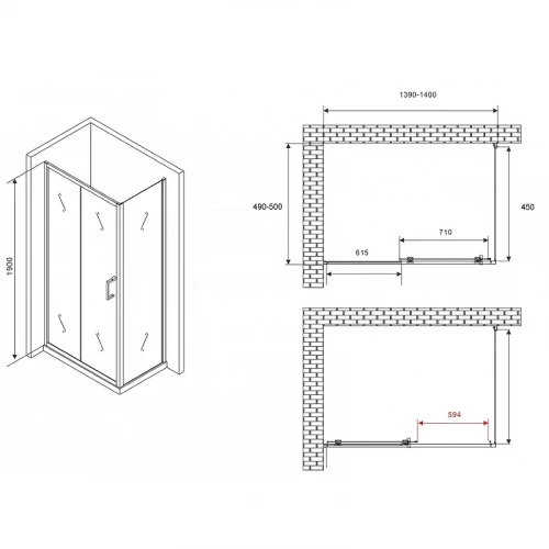 Душевой уголок Abber Schwarzer Diamant 140x50 AG301405-S505 профиль Хром стекло прозрачное