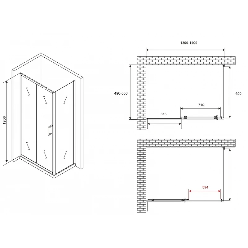 Душевой уголок Abber Schwarzer Diamant 140x50 AG301405-S505 профиль Хром стекло прозрачное