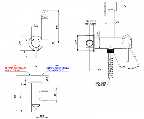 Гигиенический душ со смесителем Remer X Style X65C25W цвет Хром
