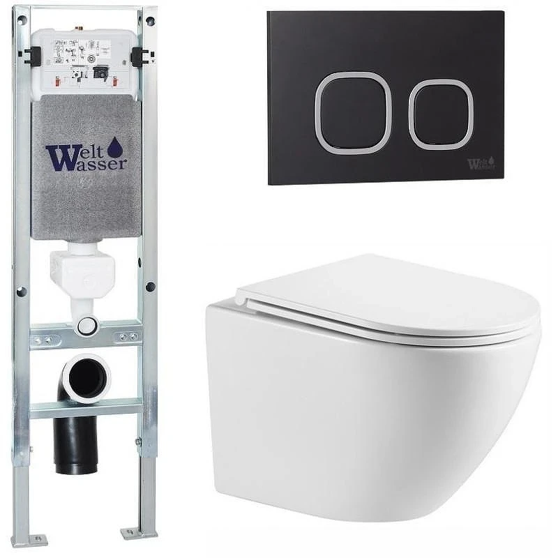 Комплект унитаза с инсталляцией WeltWasser AMBERG 350 ST + MERZBACH 043 MT-WT + AMBERG RD-BL 10000011405 цвет Белый матовый с сиденьем Микролифт и клавишей смыва цвет Черный