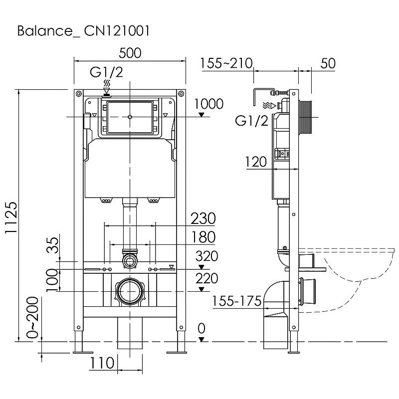 Инсталляция Ceramicanova Balance CN121001MB для унитаза с Черной матовой клавишей смыва пластик