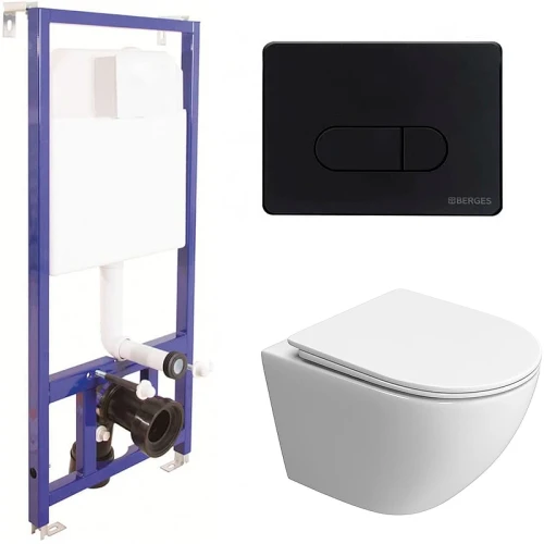 Комплект унитаза BelBagno Uno-Tor BB5177CH-TOR/SC с инсталляцией Berges Novum D5 040235 с сиденьем Микролифт и Черной матовой клавишей смыва фаянс подвесной