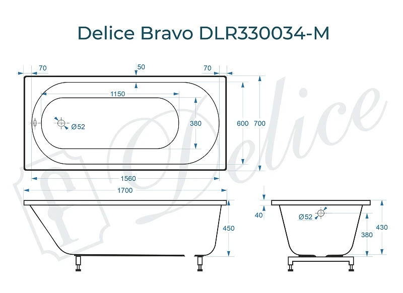 Ванна из искусственного камня Delice Bravo 170х70 DLR330034-M цвет Белый