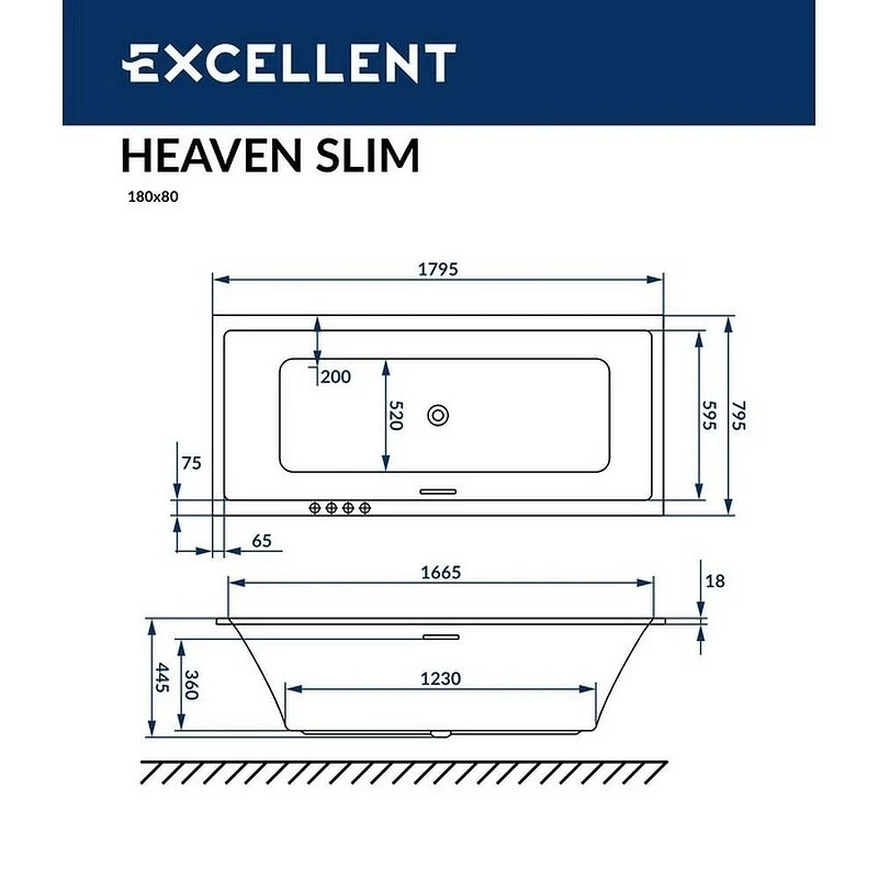 Акриловая ванна Excellent Heaven Slim 180x80 WAEX.HEV18S.LINE.CR цвет Белый с гидромассажем форсунки Хром