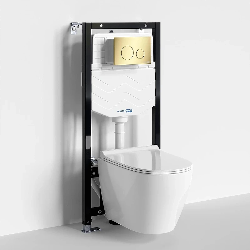 Комплект унитаза с инсталляцией WasserKRAFT Aller 10TLT.010.ME.PG02.H002 цвет Белый с сиденьем Микролифт и клавишей смыва цвет Золото глянцевое