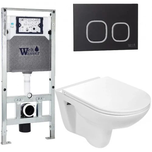 Комплект унитаза с инсталляцией WeltWasser AMBERG 506 ST + BAARBACH 004 GL-WT + AMBERG RD-BL 10000006855 цвет Белый глянцевый с сиденьем Микролифт и клавишей смыва цвет Черный