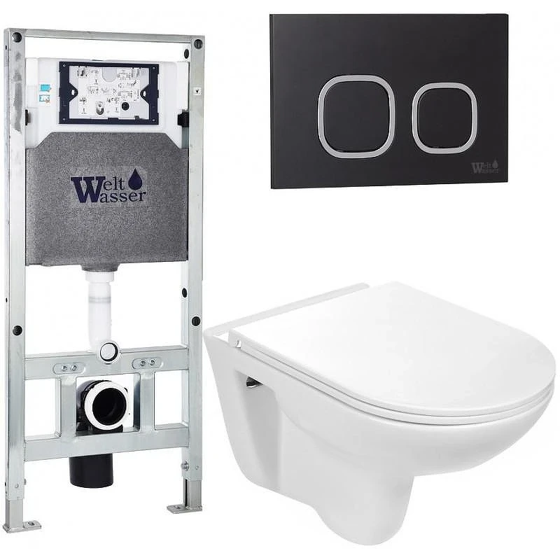 Комплект унитаза с инсталляцией WeltWasser AMBERG 506 ST + BAARBACH 004 GL-WT + AMBERG RD-BL 10000006855 цвет Белый глянцевый с сиденьем Микролифт и клавишей смыва цвет Черный