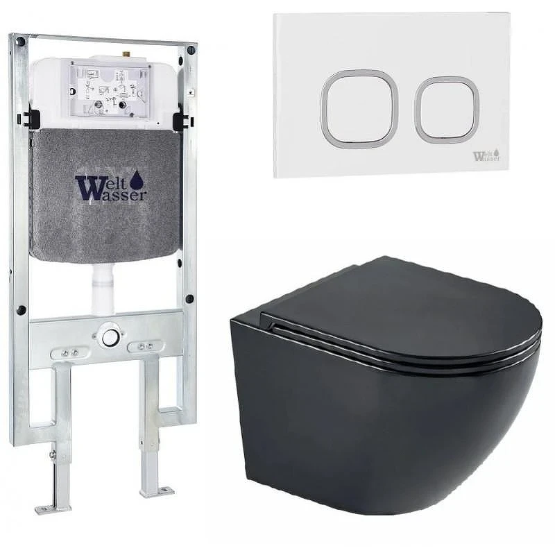 Комплект унитаза с инсталляцией WeltWasser AMBERG 497 ST + MERZBACH 043 MT-BL + AMBERG RD-WT 10000011338 цвет Черный матовый с сиденьем Микролифт и клавишей смыва цвет Белый
