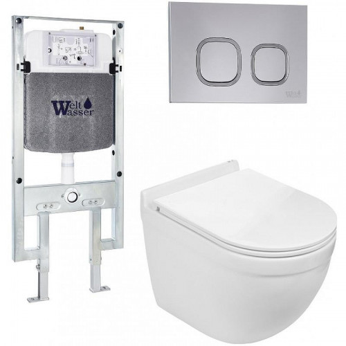 Комплект унитаза с инсталляцией WeltWasser AMBERG 497 ST + HEIMBACH 043 GL-WT + AMBERG RD-CR 10000012142 цвет Белый глянцевый с сиденьем Микролифт и клавишей смыва цвет Хром