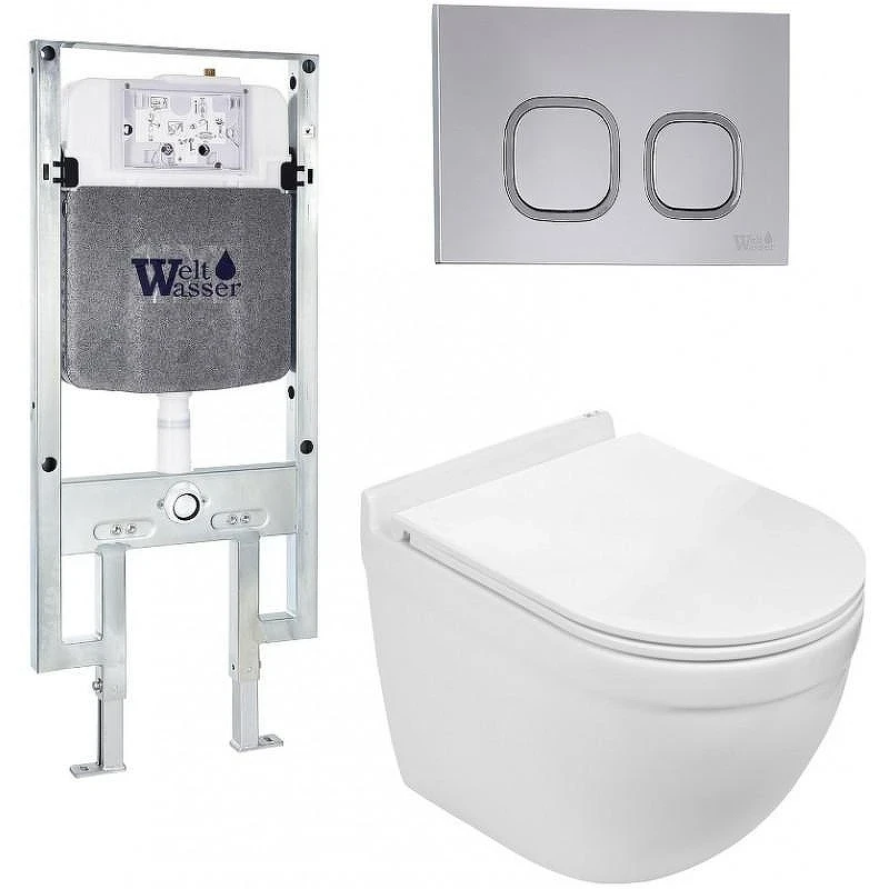 Комплект унитаза с инсталляцией WeltWasser AMBERG 497 ST + HEIMBACH 043 GL-WT + AMBERG RD-CR 10000012142 цвет Белый глянцевый с сиденьем Микролифт и клавишей смыва цвет Хром