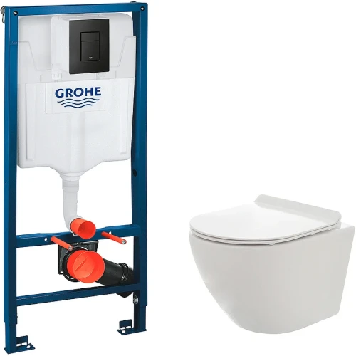 Комплект унитаза AQUAme AQM2002 с инсталляцией Grohe Rapid SL 38811KF0 с сиденьем Микролифт и Черной матовой клавишей смыва фаянс подвесной