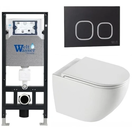 Комплект унитаза с инсталляцией WeltWasser AMBERG 506 + MERZBACH 043 XL GL-WT + AMBERG RD-BL 10000013776 цвет Белый глянцевый с сиденьем Микролифт и клавишей смыва цвет Черный