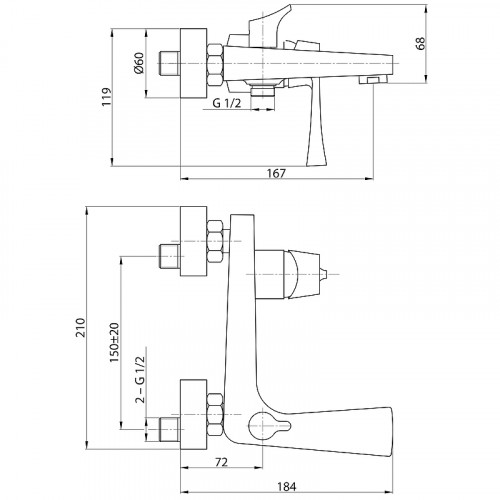 Смеситель для ванны Rossinka RS34-31 Хром латунь на стену
