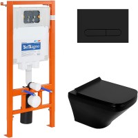 Комплект унитаза с инсталляцией BelBagno Sela BB3201CHR-MB/BB3201SC-MB/BB002-80/BB007-PR-NERO.M с сиденьем Микролифт и Черной матовой клавишей смыва фаянс подвесной