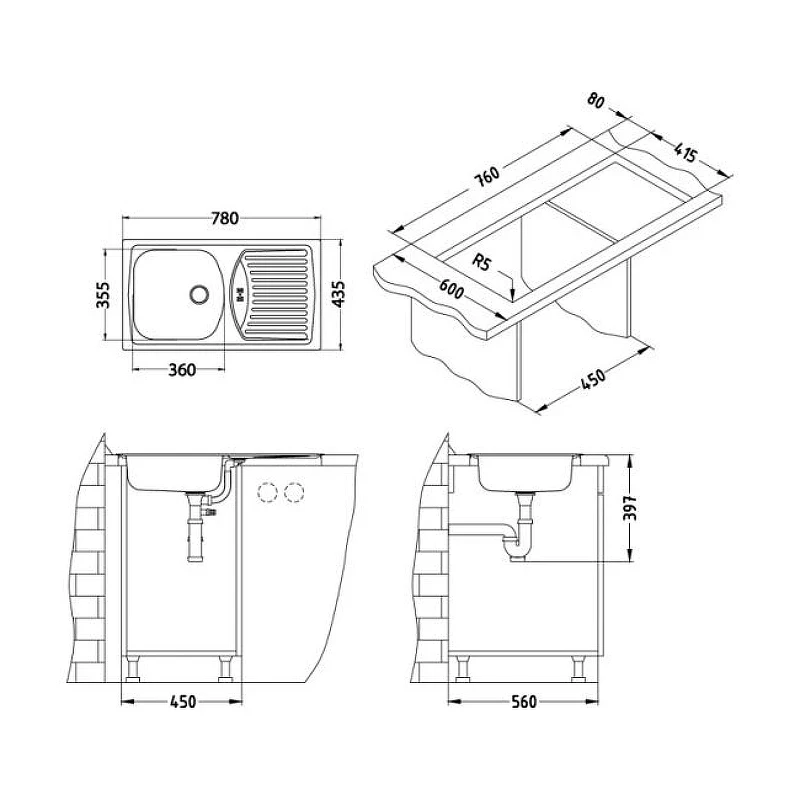 Кухонная мойка Alveus Basic 150 NAT-90 780x435 1136532 Натуральная сталь нержавеющая сталь встраиваемый