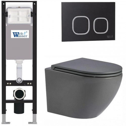 Комплект унитаза с инсталляцией WeltWasser AMBERG 350 + MERZBACH 043 MT-GR + AMBERG RD-BL 10000012384 цвет Серый матовый с сиденьем Микролифт и клавишей смыва цвет Черный