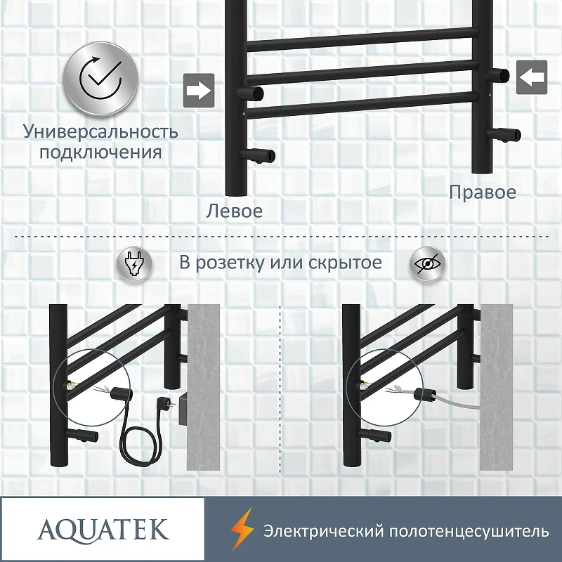 Электрический полотенцесушитель Aquatek Пандора П10 500x900 AQ EL RPC1090BL Черный муар нержавеющая сталь