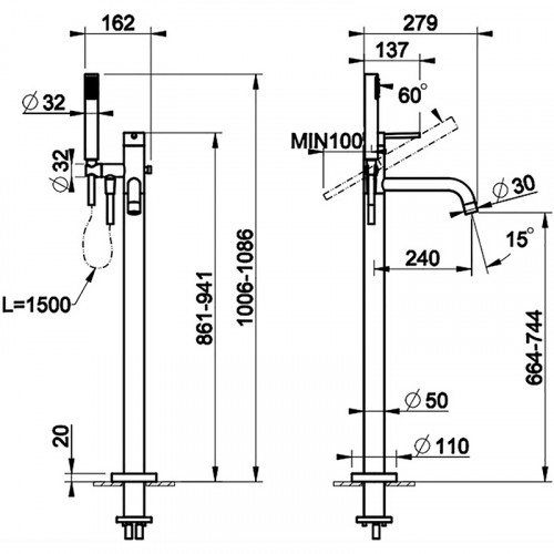 Смеситель для ванны Gessi Emporio Via tortona 24943#031 Хром латунь на пол