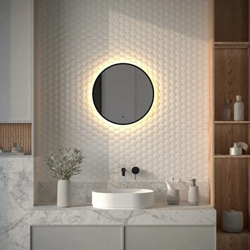 Зеркало Defesto Aura 50х50 DF 2992R с подсветкой 12W-3000K/ИК - выключатель/Теплый белый свет/Черная рама