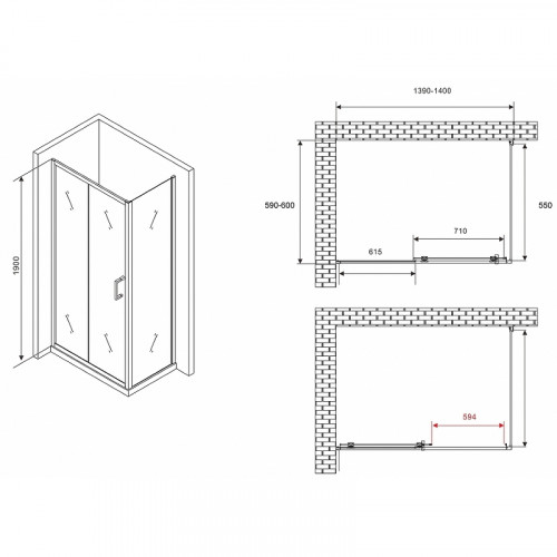 Душевой уголок Abber Schwarzer Diamant 140x60 AG301405-S605 профиль Хром стекло прозрачное