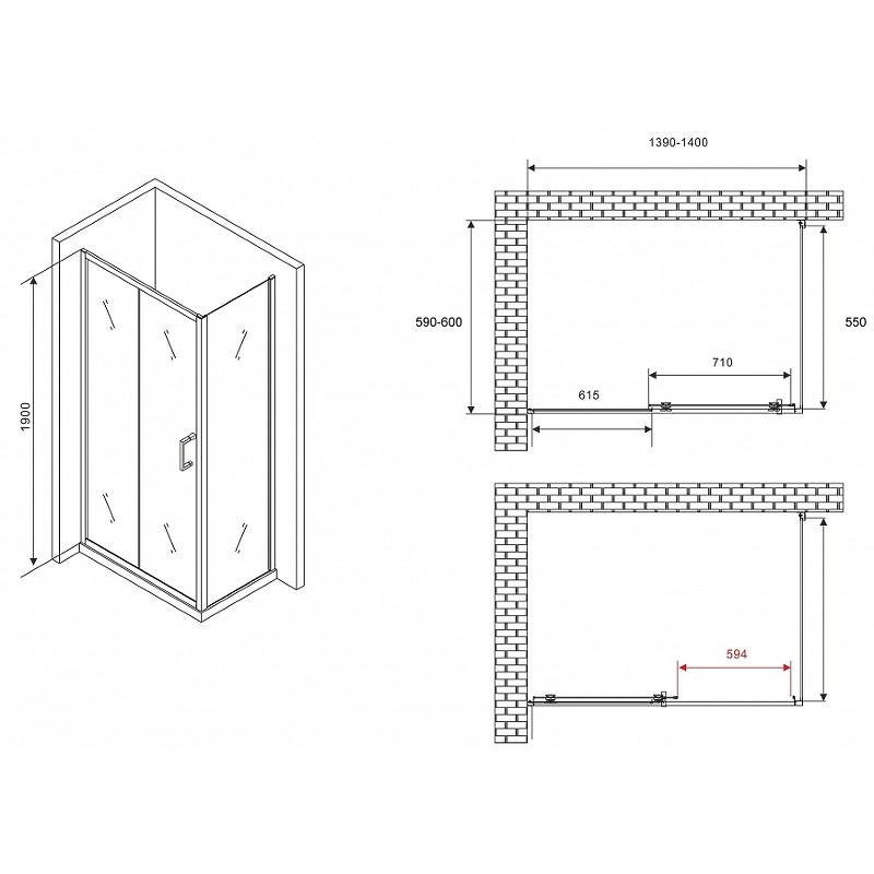 Душевой уголок Abber Schwarzer Diamant 140x60 AG301405-S605 профиль Хром стекло прозрачное